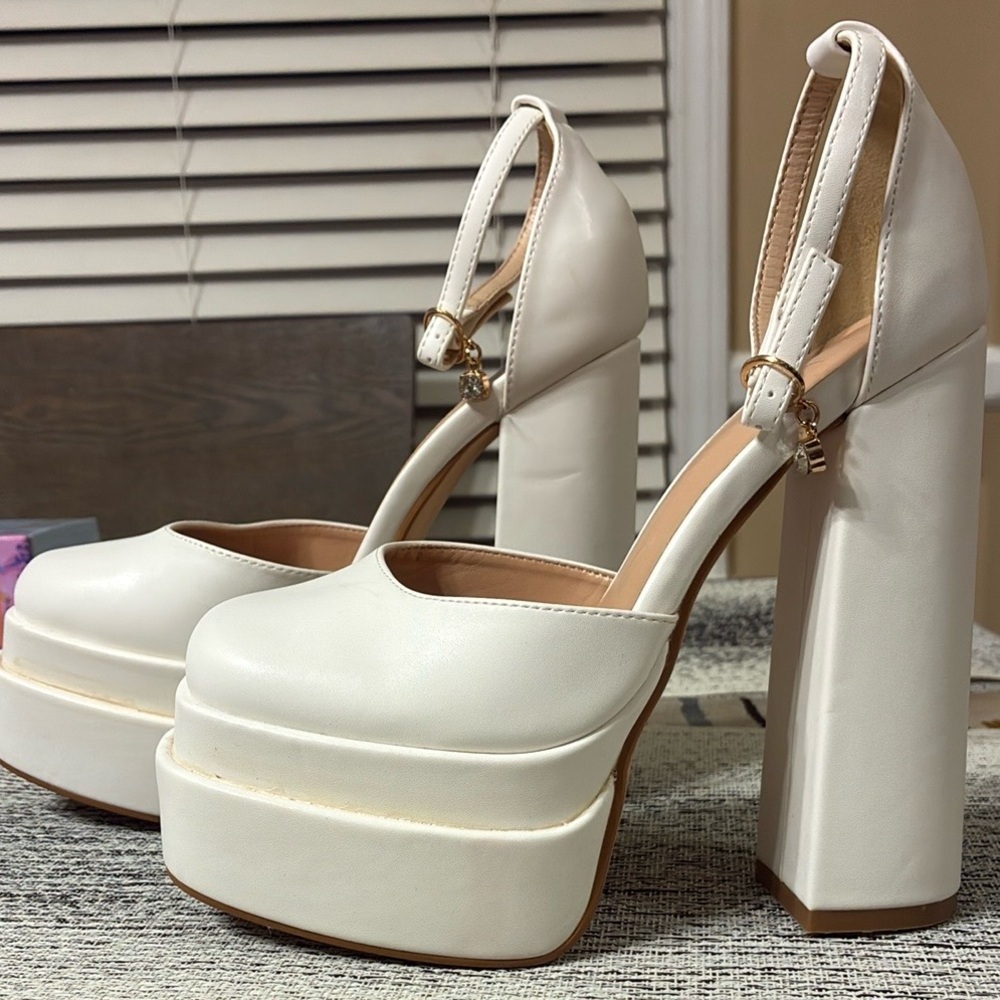 White Platform Heels with Ankle Strap and Block Heel
